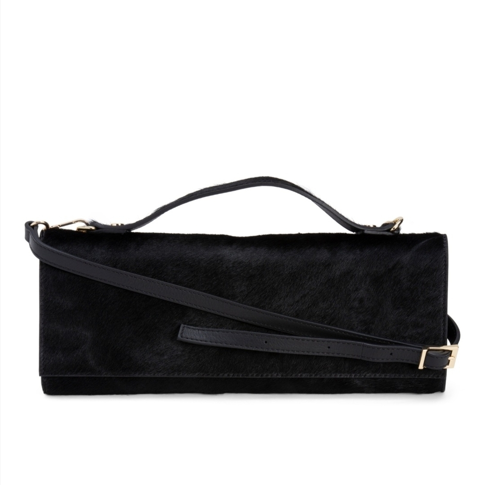 Chic Black East West Clutch with Gold Accents